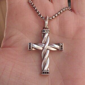 Retired David Yurman Helios Black Diamond Cross w/Chain - 925 - 48mm x 28 mm